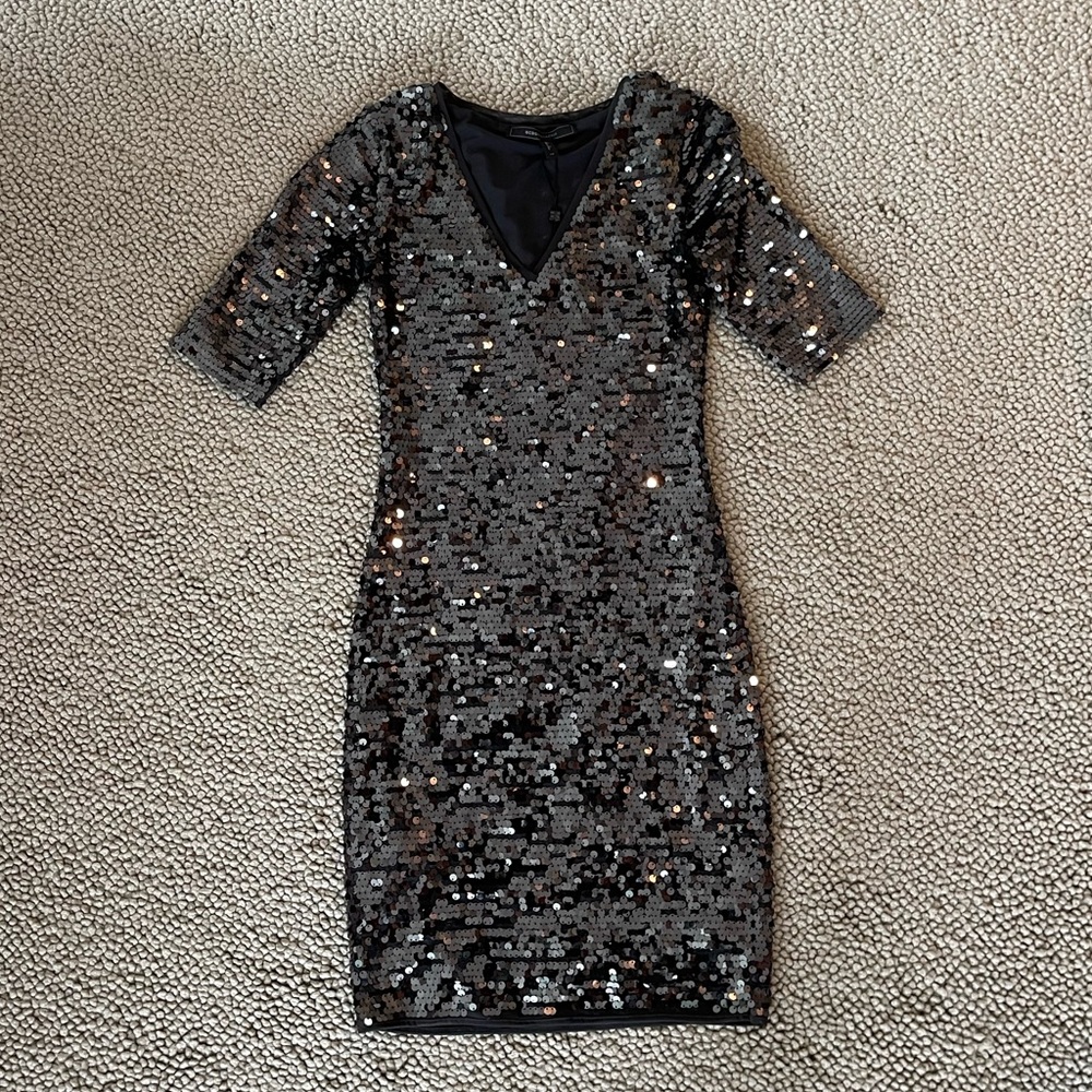 NWT - BCBGMaxAzria Pewter Sequin V-Neck Dress
